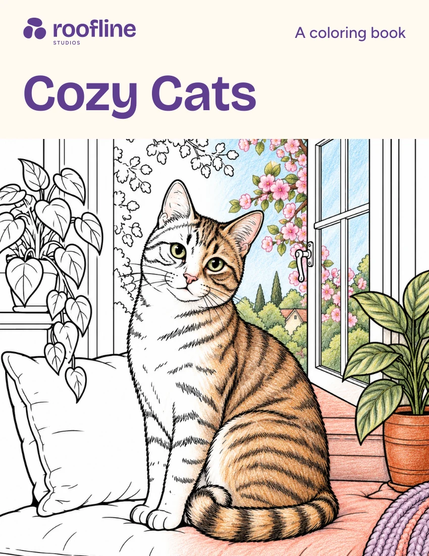 New Cozy Cats cover concept with purple Roofline lettering and a cat beside a window in line art and color; design in preparation