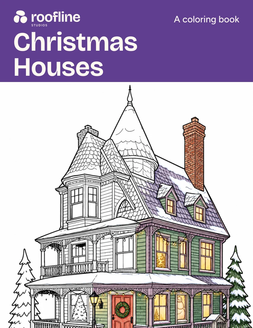 New Christmas Houses cover concept with cream Roofline lettering on purple and a snowy Victorian house in line art and color; design in preparation