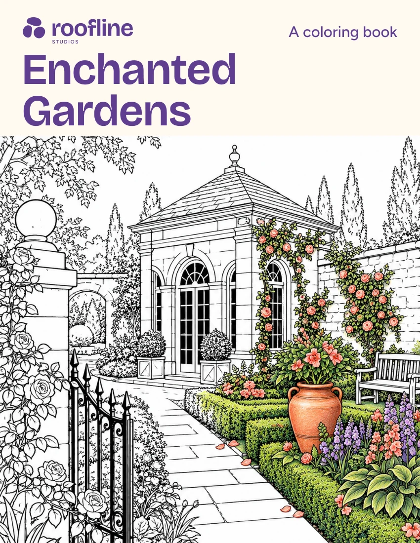 New Enchanted Gardens cover concept with purple Roofline lettering and a garden pavilion in line art and color; design in preparation