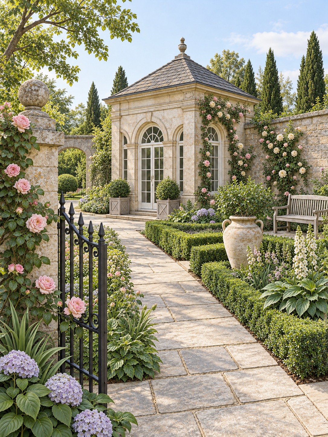 Digitally generated color reference from the scene 01 guide, showing a stone pavilion, pink roses and green garden foliage
