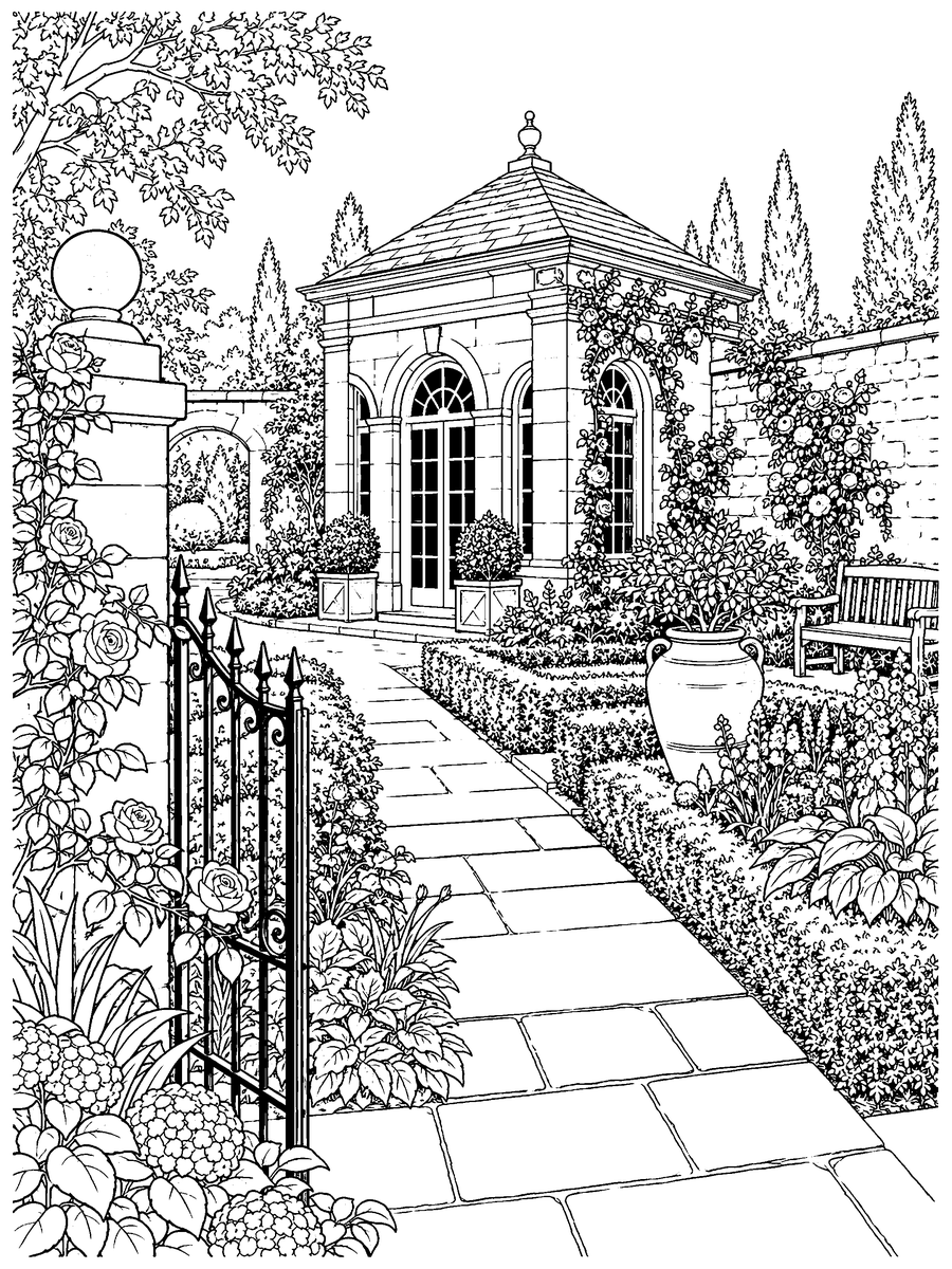 Original line drawing of a pavilion, garden path and roses