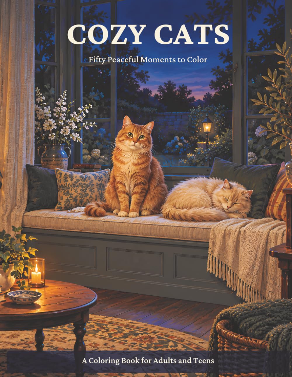 Published Cozy Cats cover showing two cats on a cushioned window seat, with the subtitle Fifty Peaceful Moments to Color.